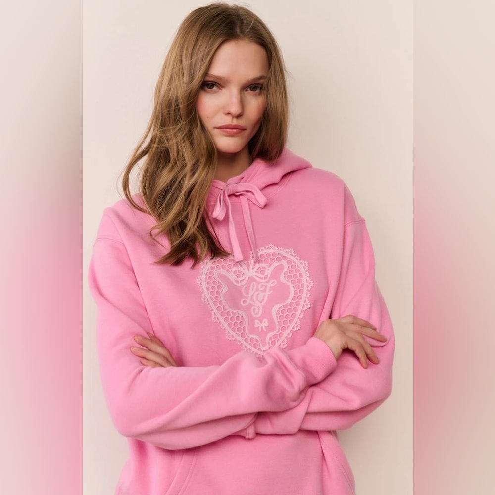 LoveShackFancy Pink Lace Heart Pullover Hoodie
